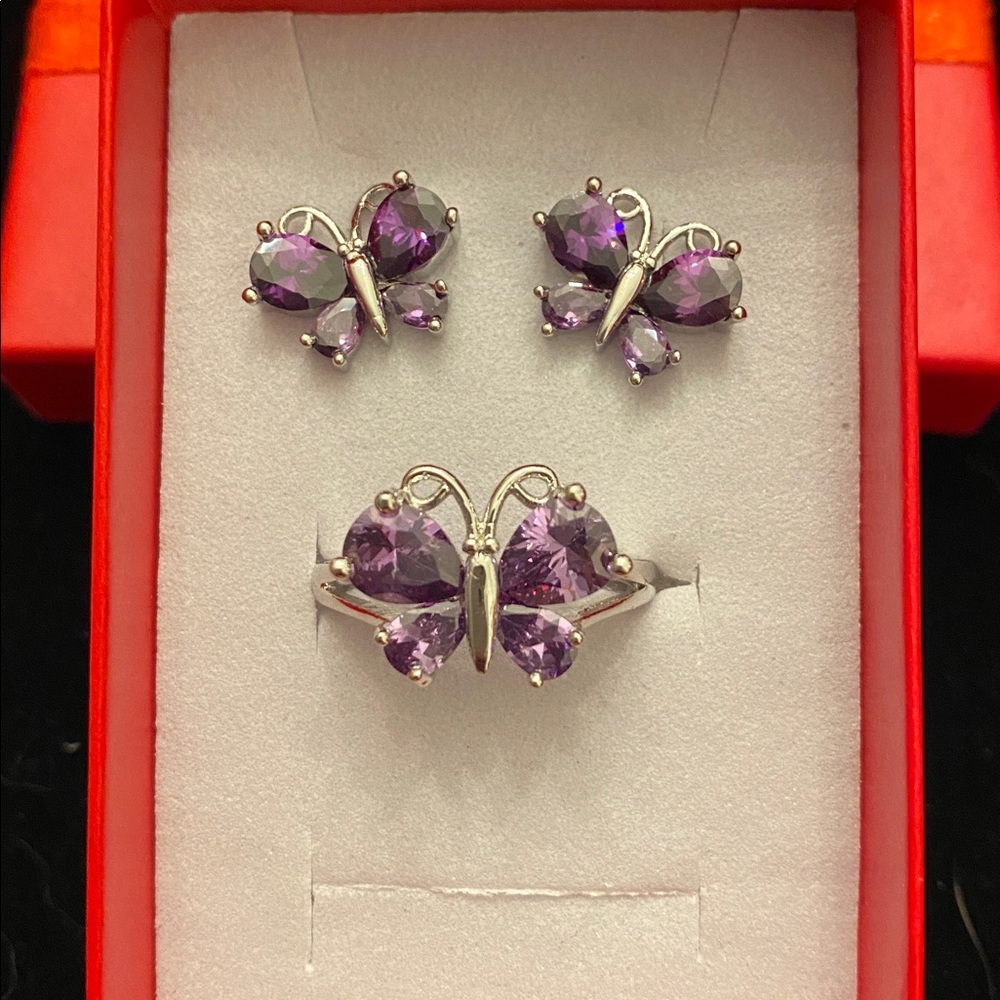 Elegant Purple Butterfly Earrings & Ring Set